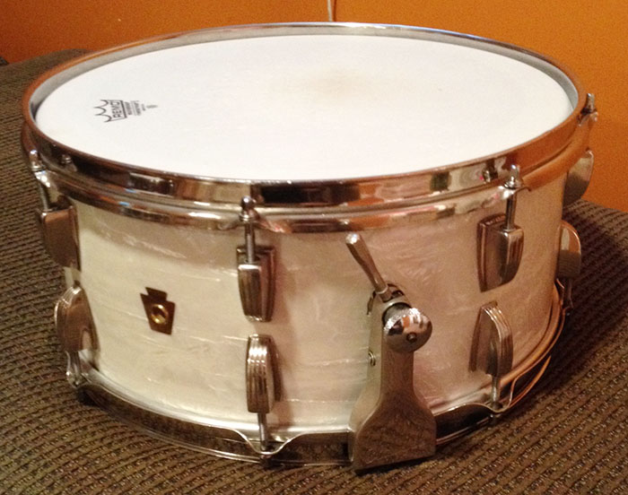 Vintage Late 1950s WFL Symphonic 6.5x14 Snare in White Marine Pearl